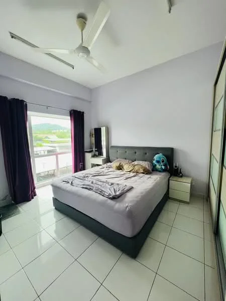 Bedroom features: king-size bed, upholstered headboard, bedside table, floor-to-ceiling windows, sliding glass door, curtains in dark purple, ceiling fan, white painted walls, tile flooring, decorative plush toy; style: modern; view: mountain.