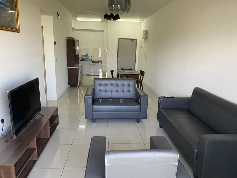 Living features: grey leather sofa, 2-seater grey leather sofa, black armchair, wooden TV console, wall-mounted TV, white painted walls, glossy white tile flooring, recessed ceiling lights, decorative wall art, dining table with chairs visible in background; style: modern. Kitchen features: kitchen cabinets, stainless-steel sink, countertop, refrigerator visible in background; style: modern.