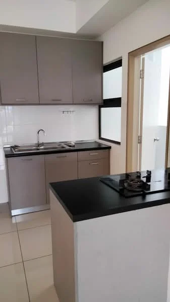 Kitchen features: grey cabinetry, black countertop, stainless-steel sink, single-bowl stainless-steel sink, chrome pull-down faucet, 4-burner gas hob, wall-mounted cabinets, tile flooring, white walls, open layout; style: modern.