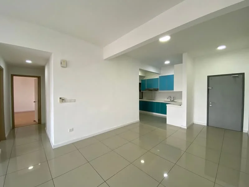 Living features: white painted walls, glossy tile flooring, recessed downlights, open layout, doorway leading to another room, kitchen area visible, grey door, blue cabinetry in kitchen, countertop in kitchen; style: modern.
