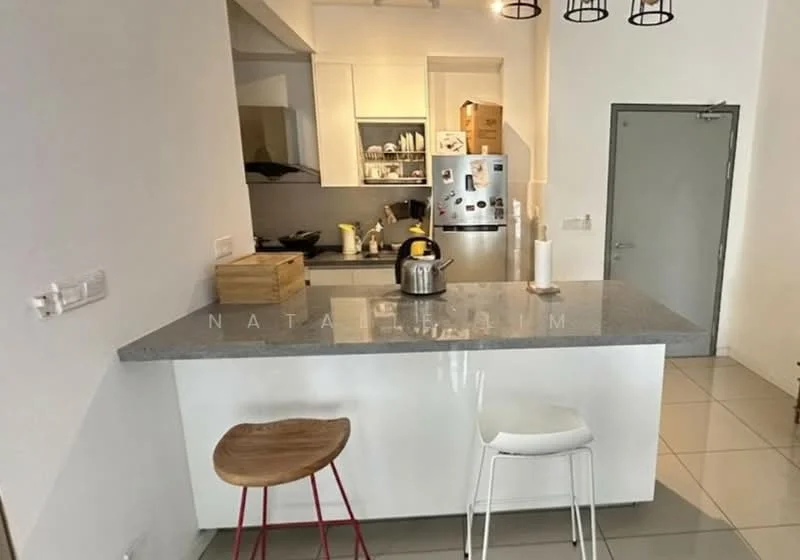 Kitchen features: white cabinetry, grey granite countertop, kitchen island with seating, stainless-steel fridge, built-in oven, ceramic tile flooring, recessed downlights, wall-mounted cabinets, open shelving, kettle on countertop; style: modern.