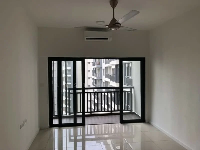 Living features: white painted walls, glossy ceramic tile flooring, 5-blade ceiling fan with light, floor-to-ceiling sliding glass door, black framed balcony railing, wall-mounted split AC, natural light from balcony, open layout; style: modern; view: city.