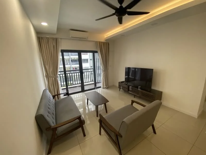 Living features: grey fabric 3-seater sofa, light grey armchair, wooden coffee table, wall-mounted flat-screen TV, floor-to-ceiling sliding glass door, curtains, recessed LED downlights, ceiling fan with light, cream painted walls, glossy tile flooring; style: modern.