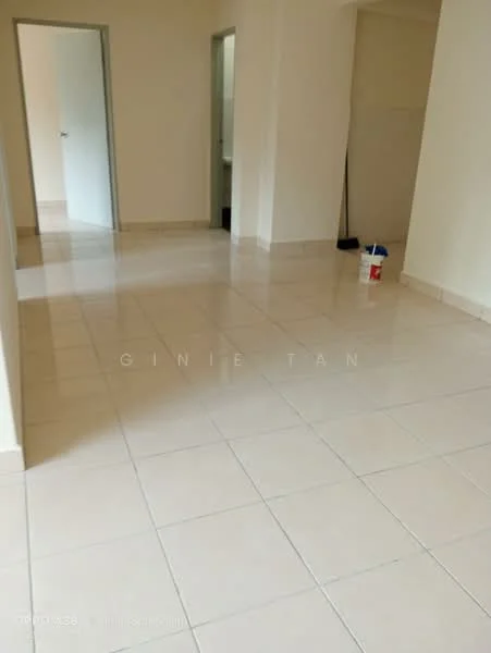Room features: white painted walls, glossy ceramic tile flooring, neutral color scheme, doorway leading to another room, doorway leading to bathroom, clean and uncluttered space, natural light from windows, paint bucket on the floor; style: modern.