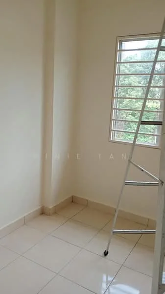 Room features: white painted walls, light-colored tile flooring, single window with horizontal bars, ladder, corner space; view: garden.