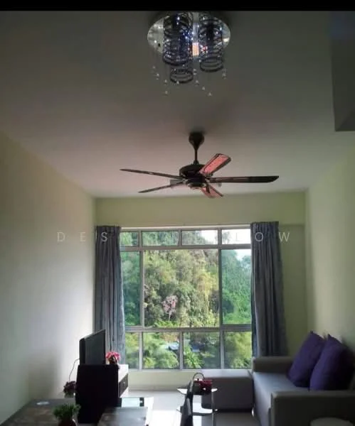 Living features: 5-blade ceiling fan with light, chandelier, floor-to-ceiling windows, grey curtains, light green painted walls, cream tiled flooring, sofa in light grey, coffee table, TV console, decorative plants; style: modern; view: garden.