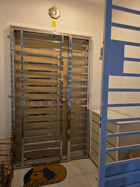 Room features: metal security grille door, white walls, tiled flooring, ceiling light fixture, built-in cabinet, decorative rug with dog design; style: modern.