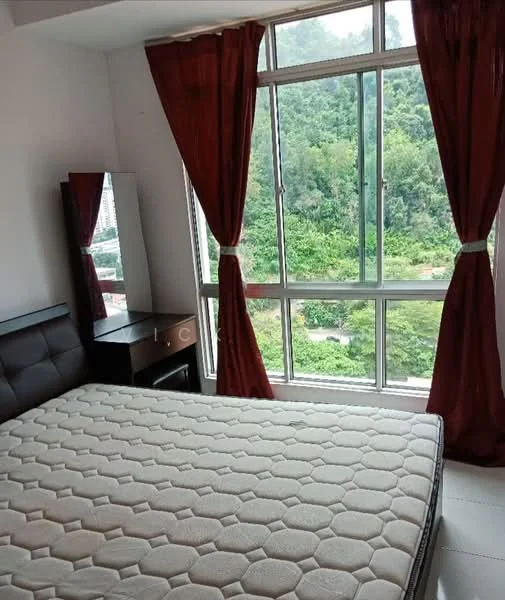 Bedroom features: king-size bed, upholstered headboard, floor-to-ceiling windows, red curtains, wooden bedside table, mirror on dresser, mattress without bedding, view of greenery; style: modern; view: garden.