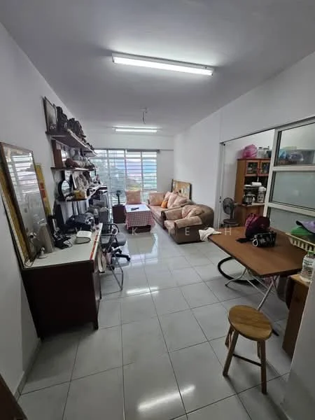 Living features: white painted walls, glossy ceramic tile flooring, sofa in beige, coffee table, TV console, wall-mounted TV, floor-to-ceiling windows, curtains, ceiling lights, decorative items on shelves, dining table, stool; style: modern; view: city.