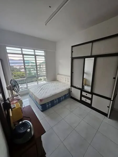 Bedroom features: queen-size bed, white walls, tiled flooring, floor-to-ceiling windows, built-in wardrobe with sliding doors, ceiling light fixture, fan, city view; style: modern; view: city.