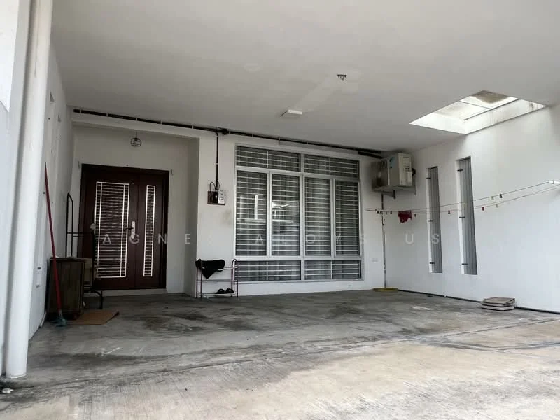 Exterior features: concrete flooring, white painted walls, sliding glass door, window with horizontal bars, wall-mounted split AC unit, skylight, clothesline, door with glass panels, seating area, light fixture on ceiling; style: modern.