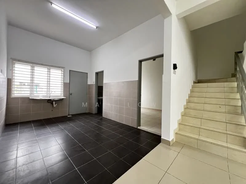 Room features: white painted walls, grey tiled flooring, black tiled flooring, window with horizontal blinds, stainless-steel sink, doorway leading to another room, staircase with beige tiles, fluorescent ceiling lights; style: modern.