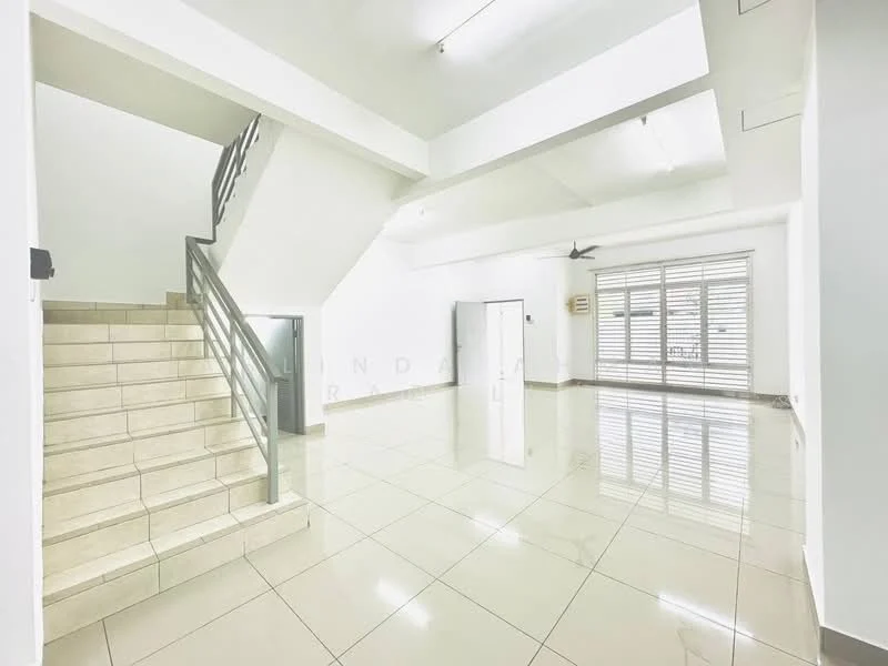 Room features: white painted walls, glossy ceramic tile flooring, staircase with metal railing, recessed downlights, ceiling fan, large windows with horizontal blinds, air conditioning unit, open layout; style: modern.