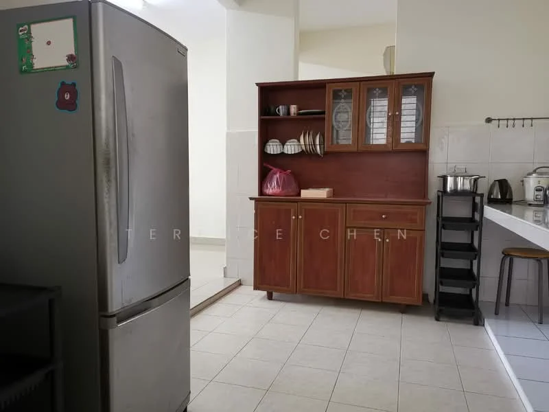 Kitchen features: stainless-steel fridge, wooden cabinetry with glass-front upper cabinets, white countertop, ceramic tile flooring, wall-mounted shelves, kitchen utensils on display, built-in microwave, sink, stool, open layout; style: modern.