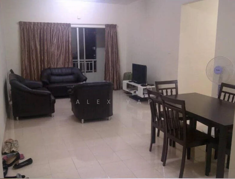 Living features: black leather 3-seater sofa, black leather armchair, wooden dining table for 4, 4 wooden dining chairs, flat-screen TV on white console, floor-to-ceiling windows, brown curtains, cream tiled flooring, ceiling fan, decorative wall with no visible artwork; style: modern.