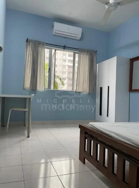 Bedroom features: light blue painted walls, white tiled flooring, 1 wall-mounted split AC, floor-to-ceiling window, sheer curtains, double-door wardrobe in white, wooden bed frame, study desk with chair, mirror on wall.