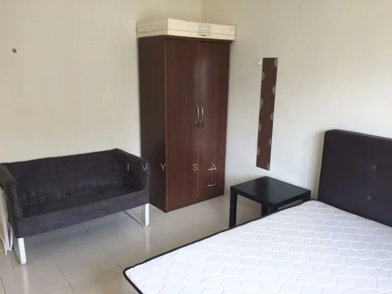 Bedroom features: queen-size bed, upholstered headboard, wooden wardrobe with two doors, grey fabric sofa, black side table, white walls, tile flooring, no bedding on mattress.