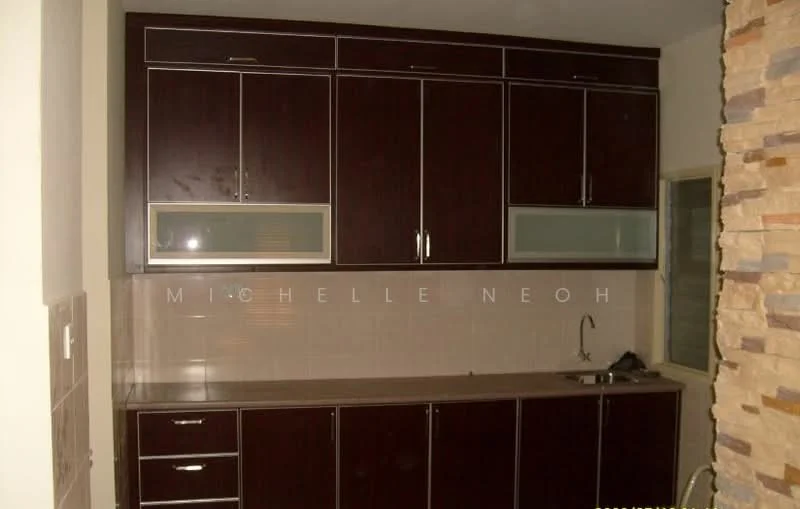 Kitchen features: dark wood cabinetry, glass-front upper cabinets, laminate countertop, single-bowl stainless-steel sink, chrome pull-down faucet, tile backsplash, neutral wall colour, window for natural light; style: modern.
