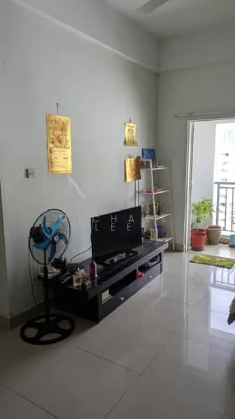 Living features: white painted walls, glossy tile flooring, floor-to-ceiling windows, sliding glass door, black TV console, wall-mounted TV, decorative wall art, 3-blade ceiling fan, open shelving unit, potted plants, green area rug; style: modern; view: city.
