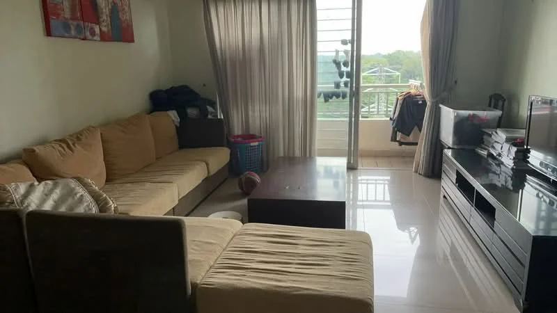 Living features: L-shape sectional sofa in beige, coffee table, TV console, wall-mounted TV, floor-to-ceiling windows, curtains, polished tile flooring, decorative wall art, basket, clothes rack, area rug; style: modern; view: garden.