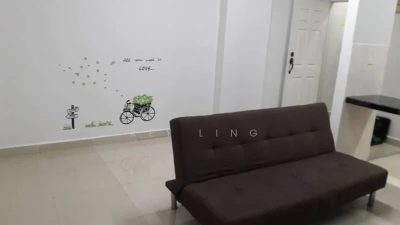 Living features: white painted walls, glossy tile flooring, brown fabric sofa bed, decorative wall art, doorway to kitchen, light switch, floor space, neutral color scheme; style: modern.