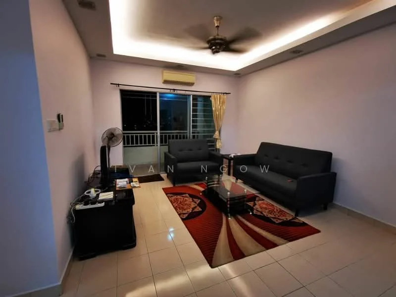 Living features: 2-seater fabric sofa in dark grey, 3-seater fabric sofa in dark grey, glass coffee table, area rug with geometric pattern in red and cream, wall-mounted ceiling fan, recessed ceiling lights, cream painted walls, sliding glass door to balcony, curtains, tile flooring; style: modern; view: city.