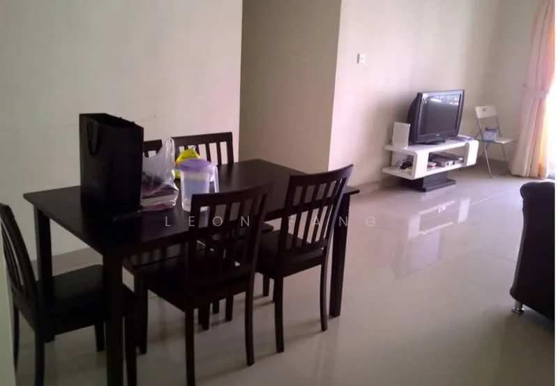 Dining features: dark wooden dining table, 4 dining chairs, white TV console, flat-screen TV, light-colored walls, glossy tile flooring, curtains, side table, decorative items on table; style: modern.
