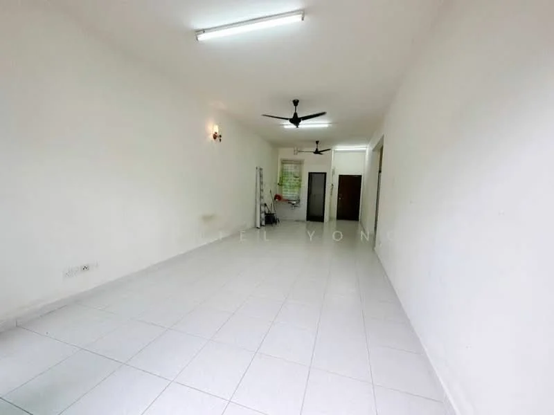 Living features: white painted walls, ceramic tile flooring, 2-blade ceiling fan, LED ceiling lights, doorway to hallway, doorway to other rooms, empty space, neutral color scheme; style: minimalist.