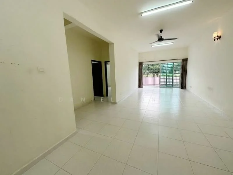 Living features: white painted walls, tile flooring, 5-blade ceiling fan, recessed LED downlights, floor-to-ceiling windows, sliding glass door, curtains, open layout, natural light, view of outdoor area; style: modern; view: garden. Room features: white painted walls, tile flooring, doorway leading to another room.