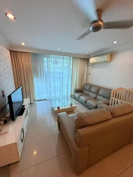 Living features: 3-seater fabric sofa in beige, 2-seater fabric sofa in beige, glass coffee table, TV console, wall-mounted TV, floor-to-ceiling windows, sheer curtains, recessed downlights, ceiling fan, white painted walls, glossy tile flooring, air conditioning unit; style: modern.