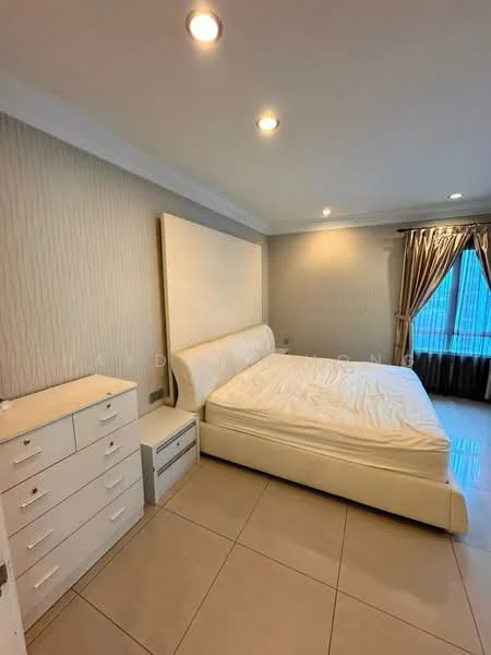 Bedroom features: queen-size bed with upholstered headboard, white bedding, white bedside tables, chest of drawers in white, cream wallpaper with vertical pattern, recessed ceiling lights, floor-to-ceiling window, curtains in beige, tile flooring in light color; style: modern; view: city.