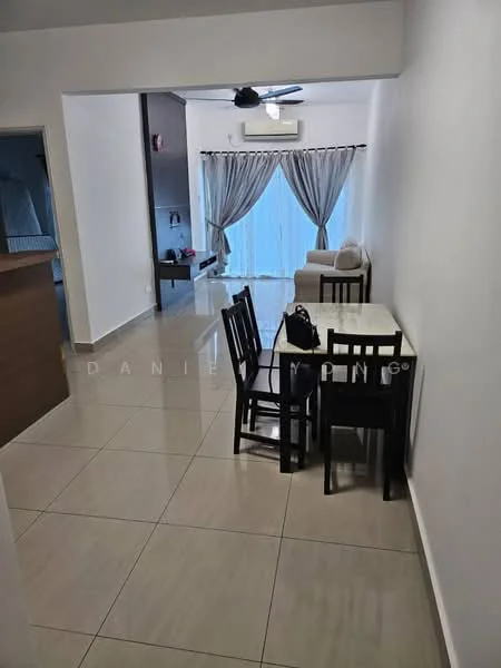 Dining features: 4-seater dining table with marble top, black wooden dining chairs, wall-mounted split AC, floor-to-ceiling windows with sheer curtains, light grey tiled flooring, white painted walls, ceiling fan, decorative wall art; style: modern. Living features: beige fabric sofa, light grey tiled flooring, white painted walls, floor-to-ceiling windows with sheer curtains, wall-mounted split AC, ceiling fan; style: modern.
