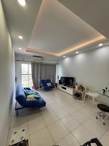 Living features: light grey painted walls, white ceiling with recessed lighting, white tiled flooring, blue fabric sofa, white TV console, wall-mounted TV, curtains, air conditioning unit, decorative cushions, coffee table, area rug; style: modern; view: city.
