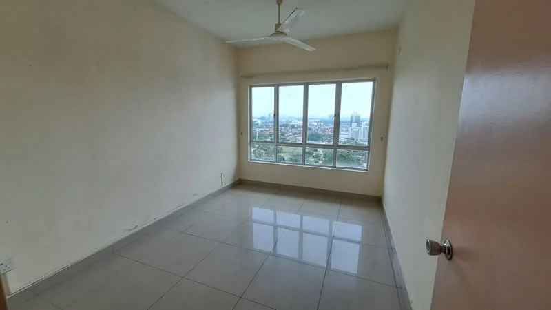 Room features: plain painted walls in beige, floor-to-ceiling windows, grey tiled flooring, ceiling fan, city view, no visible furniture, single light switch, one door, no visible decor; style: minimalist; view: city.