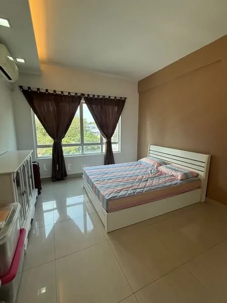 Bedroom features: queen-size bed with white frame, striped bed linens, floor-to-ceiling windows, brown curtains, cream painted walls, glossy tile flooring, 1 wall-mounted split AC, built-in wardrobe, decorative wall panel, natural light from windows; style: modern; view: garden.