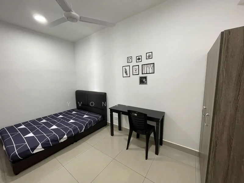 Bedroom features: single bed with blue and white patterned bedding, black headboard, study desk with black surface, black chair, wardrobe with wood finish, white painted walls, tile flooring, ceiling fan, decorative wall art with frames; style: modern.