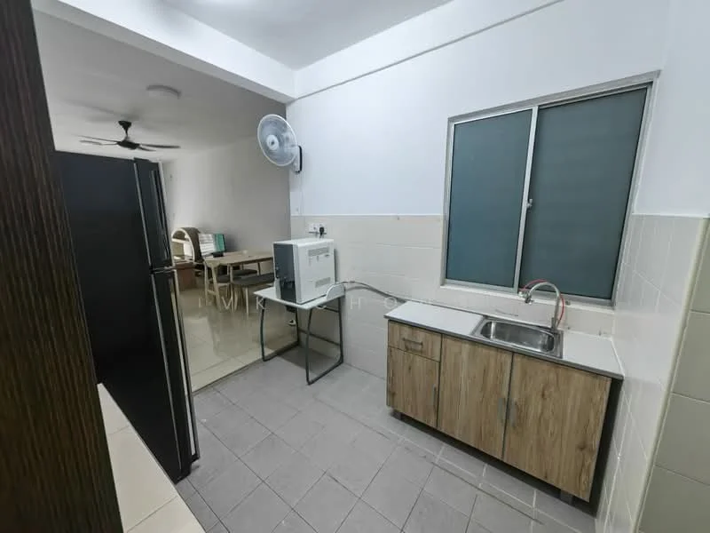Kitchen features: single-bowl stainless-steel sink, chrome pull-down faucet, wood cabinetry, white tiled backsplash, grey tiled flooring, refrigerator, window with sliding glass, ceiling fan, countertop with space for appliances, open layout to dining area; style: modern.