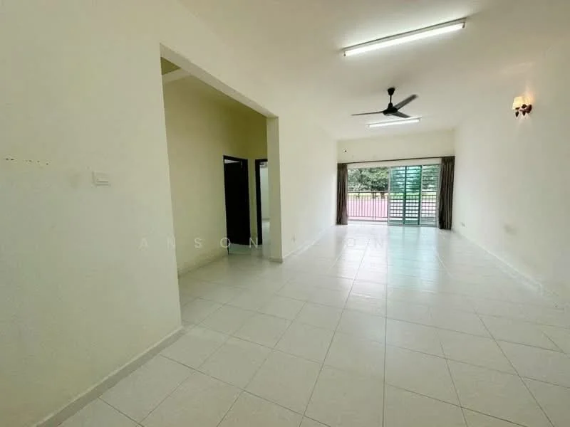 Living features: white painted walls, tile flooring, 5-blade ceiling fan, recessed LED downlights, sliding glass door, floor-to-ceiling windows, curtains, open layout; style: modern; view: garden. Room features: white painted walls, tile flooring, doorway leading to another room.