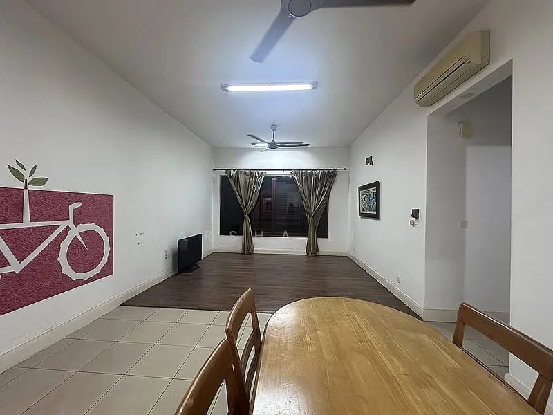 Living features: white painted walls, accent wall with bicycle graphic, laminate flooring, ceiling fan with light, large window with city view, curtains, TV console, dining table with chairs, air conditioning unit; style: modern; view: city.