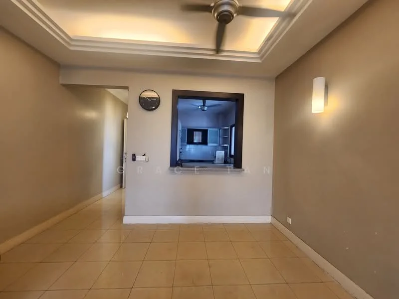 Room features: cream painted walls, tile flooring, tray ceiling, ceiling fan, wall-mounted clock, recessed lighting, open archway to kitchen, neutral color palette; style: modern.