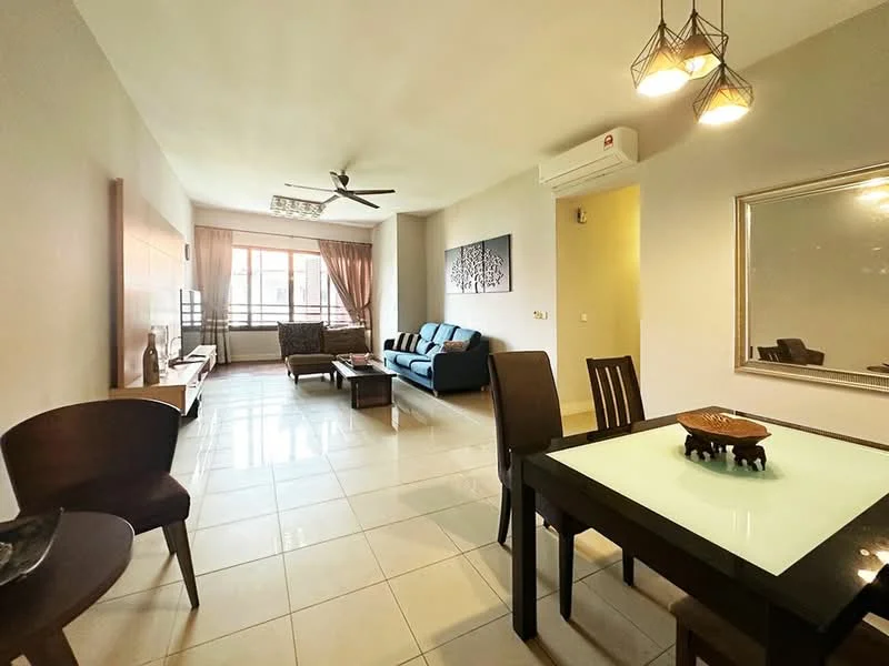 Living features: 3-seater fabric sofa in blue, 2-seater fabric sofa in grey, coffee table, TV console, wall-mounted TV, area rug, ceiling fan, recessed downlights, large windows with sheer curtains, tile flooring, decorative wall art, mirror, dining table with four chairs; style: modern.