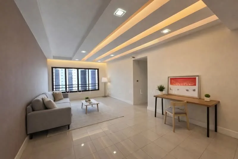 Living features: light grey fabric sofa, white walls, cream accent wall, recessed ceiling lights, LED strip lighting, large windows with black frames, tile flooring, side table with lamp, wooden desk, decorative artwork on wall; style: modern; view: city.