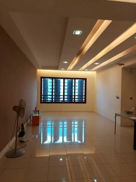 Living features: glossy tile flooring, cream painted walls, accent wall in brown, recessed ceiling with LED lighting, floor-to-ceiling windows, window treatments with horizontal slats, ceiling fan, open layout, decorative wall paneling, natural light from windows; style: modern; view: city.