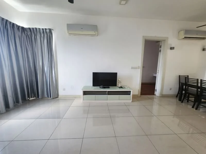 Living features: white painted walls, glossy ceramic tile flooring, 5-blade ceiling fan, wall-mounted TV, TV console with storage, floor-to-ceiling windows with sheer curtains, air conditioning unit, dining area visible in background; style: modern.