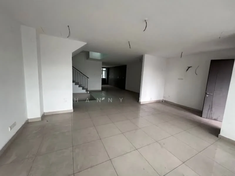 Room features: white painted walls, grey tiled flooring, staircase with metal railing, large windows, open layout, multiple ceiling lights, no visible furniture, neutral color scheme; style: modern.