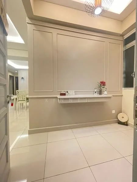 Room features: cream painted walls, white ceiling, recessed downlights, glossy white tile flooring, decorative wall paneling, small decorative shelf, wall-mounted decor, floor-to-ceiling window, doorway leading to another room; style: modern.