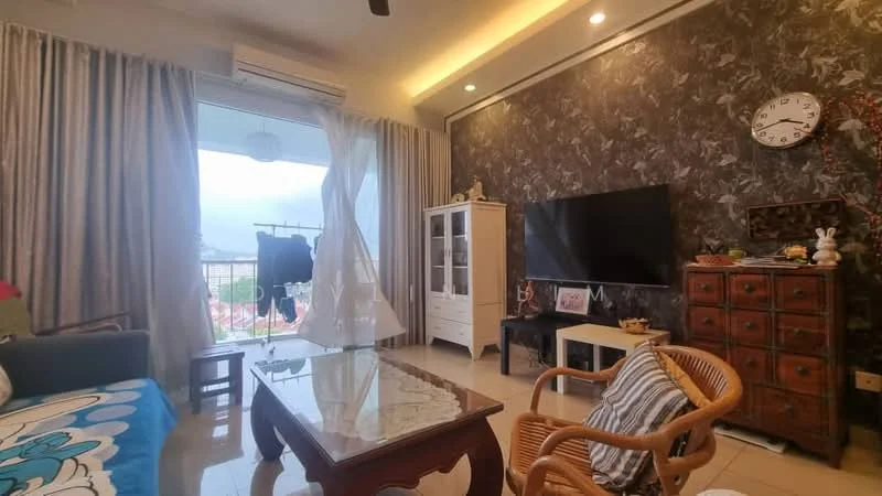 Living features: floor-to-ceiling windows, curtains, wall-mounted TV, wooden coffee table, 3-seater fabric sofa in green, decorative wall clock, exposed brick accent wall, ceramic tile flooring, ceiling fan, decorative shelving unit, rattan chair, decorative figurines, area rug with floral pattern; style: modern; view: city.