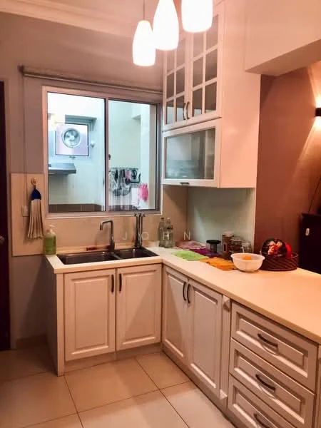 Kitchen features: white shaker cabinets, single-bowl stainless-steel sink, chrome pull-down faucet, white countertop, ceramic tile flooring, recessed downlights, built-in oven, stainless-steel range hood, window with sheer curtains, dishwasher, kitchen towels, fruit bowl; style: modern.