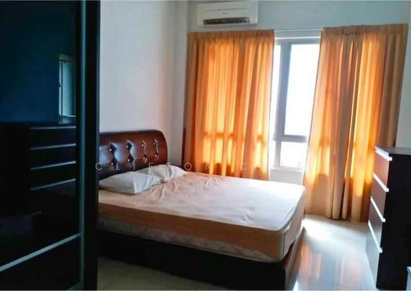 Bedroom features: queen-size bed, upholstered headboard, two bedside pillows, floor-to-ceiling windows, sheer curtains, dark wood wardrobe, light-colored wall, tile flooring, wall-mounted split AC; style: modern.
