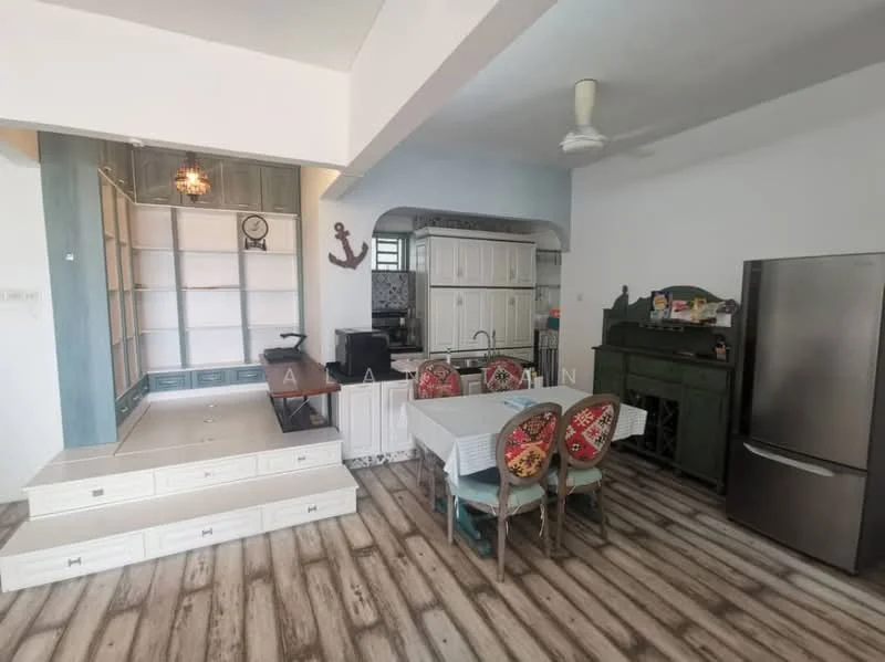 Kitchen features: white cabinetry, green vintage cabinet, stainless-steel fridge, wooden dining table with chairs, wooden flooring, pendant light fixture, open shelving, decorative anchor on wall, wall-mounted clock, step-up platform, grey countertop, sink, window above sink; style: modern.